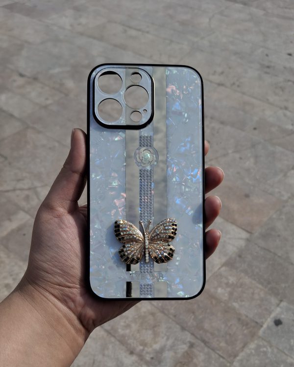 کاور گوشی موبایل آیفون 14 پرومکس iPhone14Promax طرح پروانه Butterfly برجسته نگینی TYBOMB