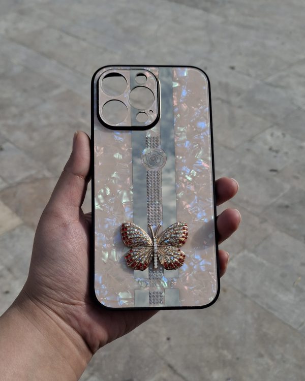 کاور گوشی موبایل آیفون 14 پرومکس iPhone14Promax طرح پروانه Butterfly برجسته نگینی TYBOMB