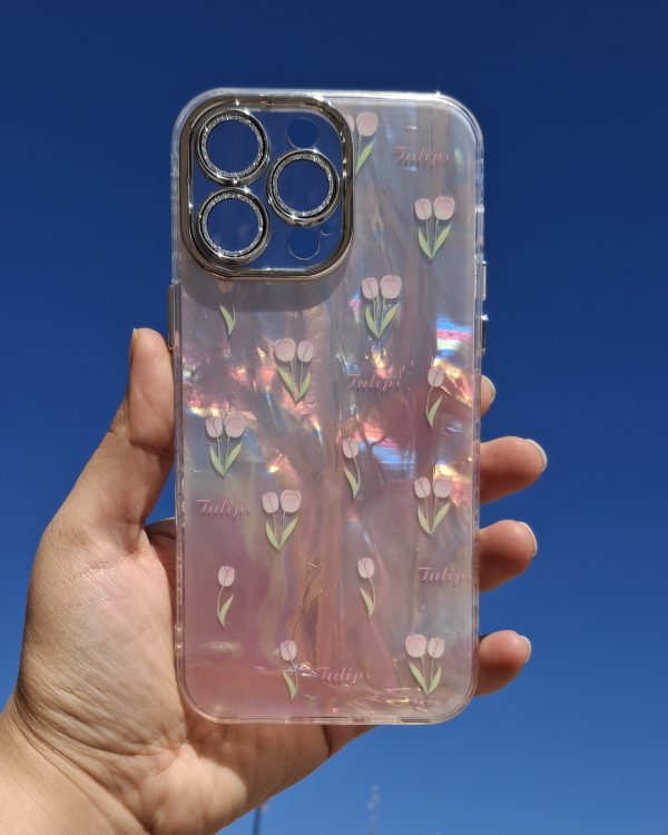 کاور گوشی موبایل آیفون 14 پرومکس iPhone14Promax طرح گل لاله Tulips ماربل صدفی با گلس محافظ لنز شاینی اکلیلی