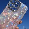 کاور گوشی موبایل آیفون 14 پرومکس iPhone14Promax طرح گل لاله Tulips ماربل صدفی با گلس محافظ لنز شاینی اکلیلی