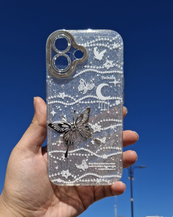 کاور پروانه Butterfly شاینی اکلیلی با گلس محافظ لنز مناسب برای گوشی موبایل آیفون 16 نرمال iPhone16-