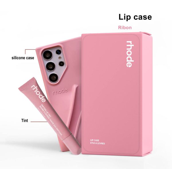 کاور گوشی موبایل سامسونگ اس 23 اولترا Samsung-S23Ultra طرح رود rhode همراه با لیپ گلاس Lip Gloss رژلب رنگ ریبون Ribbon صورتی