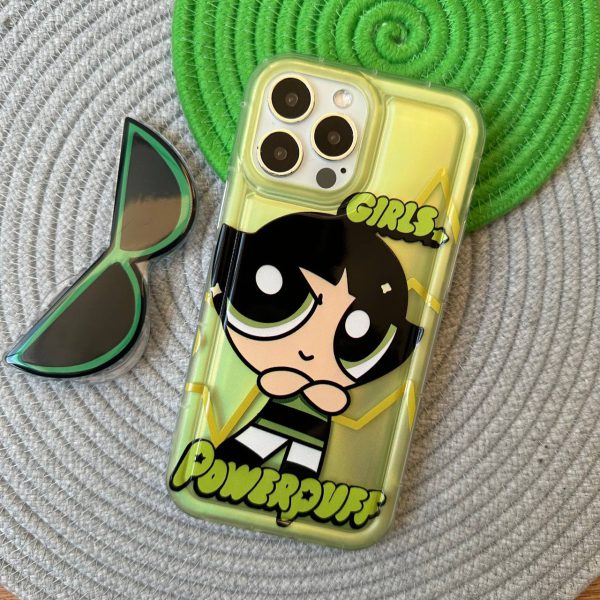 کاور دختران نیرومند - پاور پاف گرلز Power Puff Girls رنگ سبز با پاپ سوکت عینکی و برگه هولوگرامی مناسب برای گوشی موبایل آیفون 7 و 8 نرمال و SE اس ای iPhone7- iPhone8- iPhoneSE