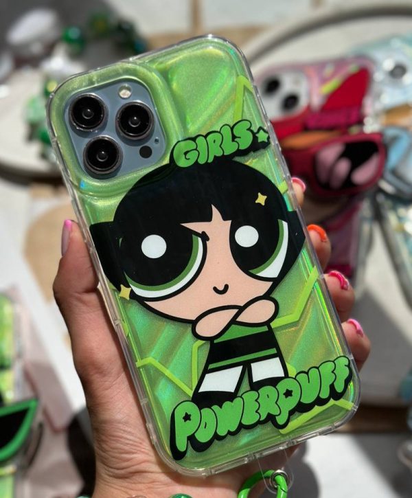 کاور دختران نیرومند - پاور پاف گرلز Power Puff Girls رنگ سبز با پاپ سوکت عینکی و برگه هولوگرامی مناسب برای گوشی موبایل آیفون 13 پرومکس iPhone13Promax