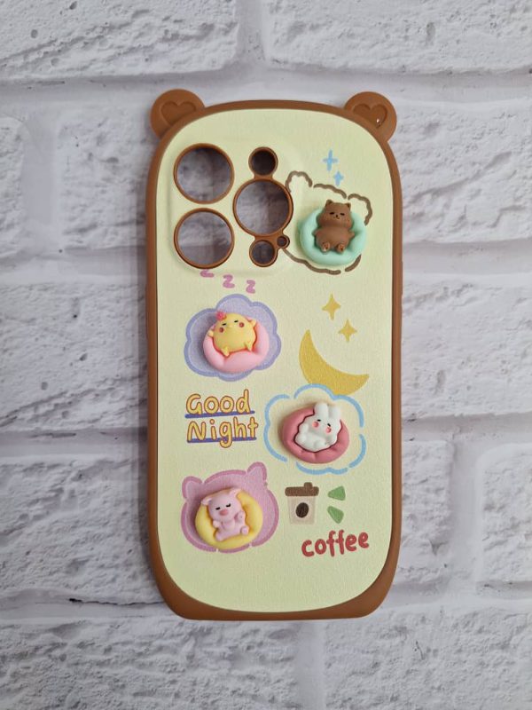کاور Good Night Coffee گوشدار عروسک برجسته طرح چرمی مناسب برای گوشی موبایل آیفون 12 پرومکس iPhone12Promax
