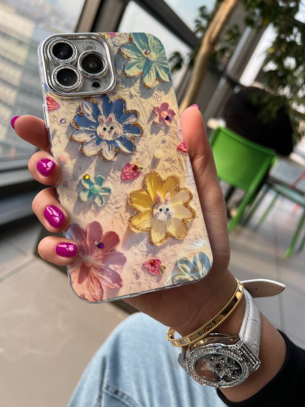 کاور گوشی موبایل آیفون 15 پرومکس iPhone15Promax طرح گل آبرنگی خرگوش Rabbit Watercolor Flower با گلس محافظ لنز