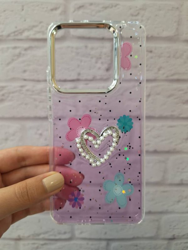 کاور گوشی موبایل شیائومی ردمی Note 14 5G نوت 14 5جی Redmi-Note14-5G طرح گل بهاری و قلب مرواریدی Heart Spring Flower زمینه رنگی شاینی اکلیلی
