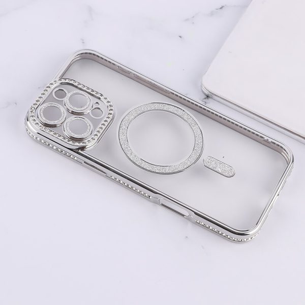 کاور گوشی موبایل شیائومی 14T می 14تی Xiaomi-14T- مگ سیف Mag Safe اکلیلی شفاف دور رنگی نگینی با گلس محافظ لنز رنگ نقره ای